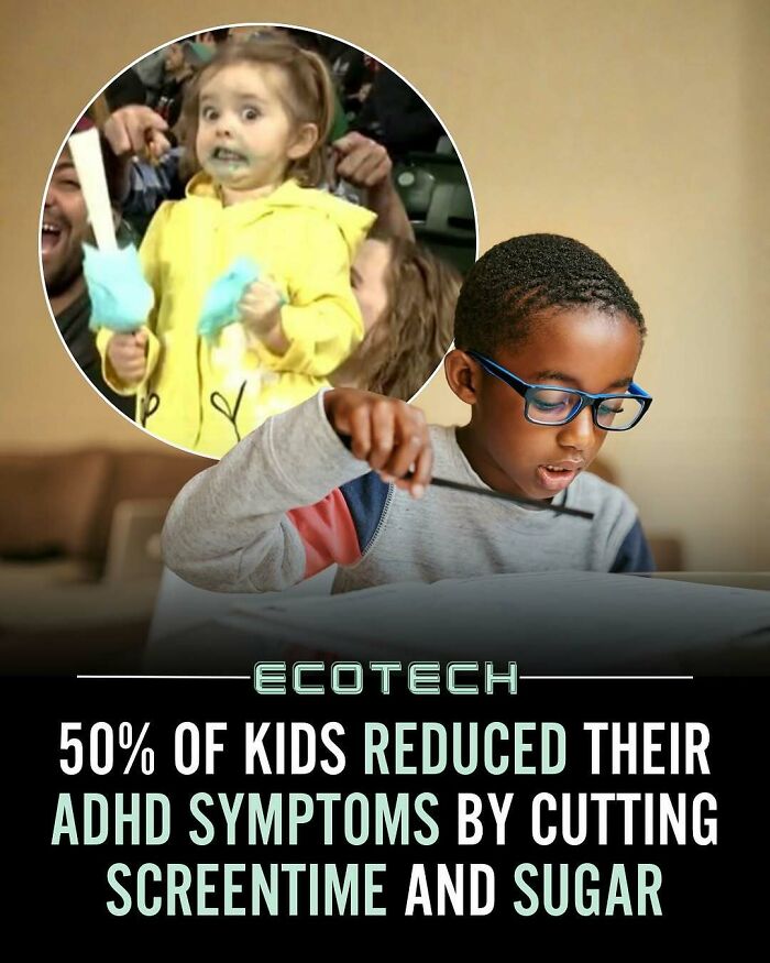 Child studying focused with glasses while a happy kid enjoys cotton candy, highlighting facts on reducing ADHD symptoms.