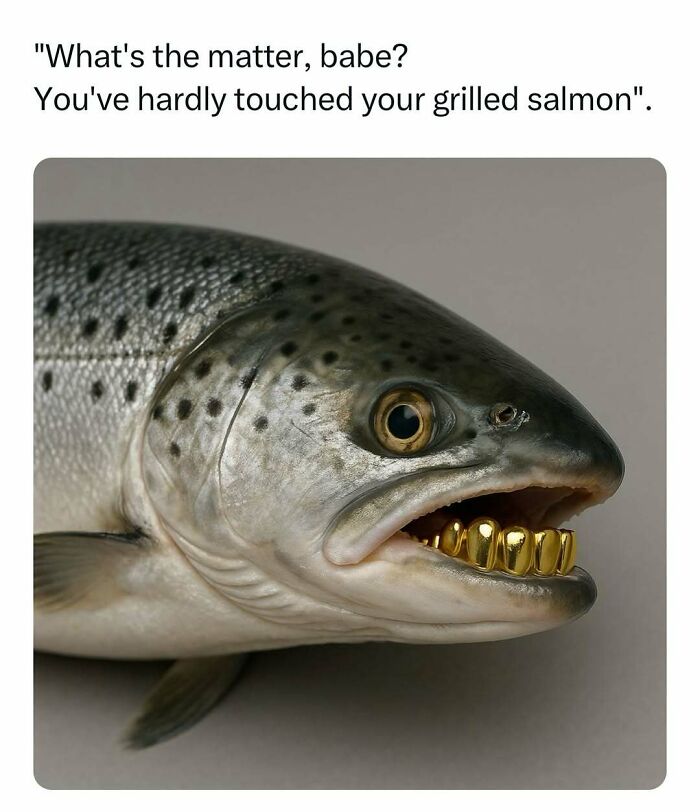 Fish with gold teeth and caption of a dad joke about grilled salmon, perfect for funniest dad jokes content.
