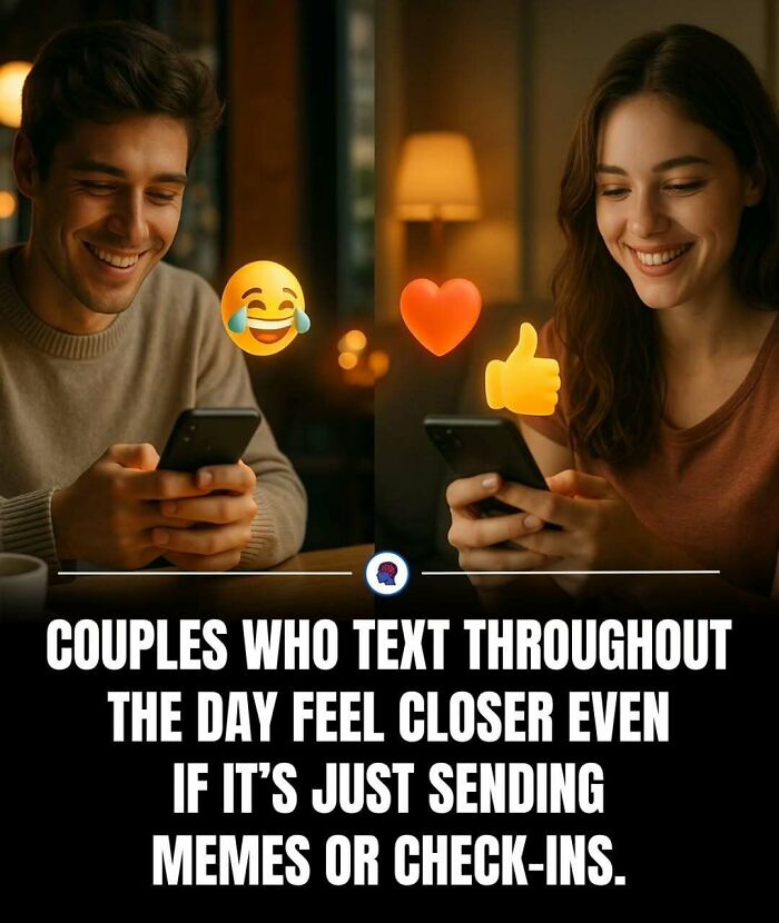 Couple smiling and texting with emojis, illustrating fun and fascinating psychology facts about communication and closeness.