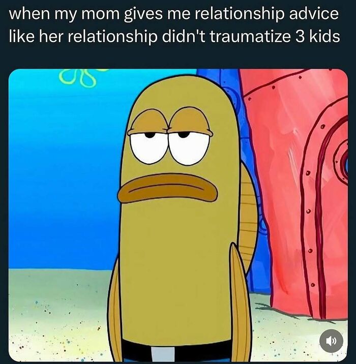 A skeptical fish character from SpongeBob meme about relationship advice, reflecting humor in handling reality with memes.
