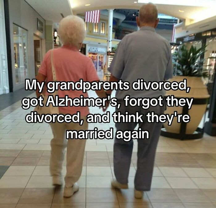 Elderly couple holding hands in a mall with a meme about grandparents, Alzheimer's, and marriage from Know Your Meme.