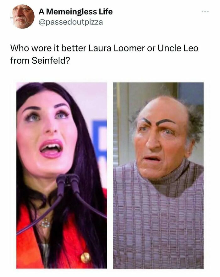 Side-by-side images comparing a woman and a character from Seinfeld, part of random memes to spice up life.