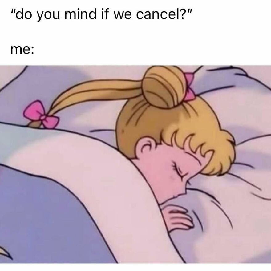 Personified meme of a girl sleeping with text about canceling plans, illustrating feelings related to therapy and self-care.
