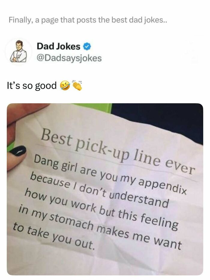 A humorous dad joke post from a popular account featuring a funny pick-up line about the appendix and stomach.