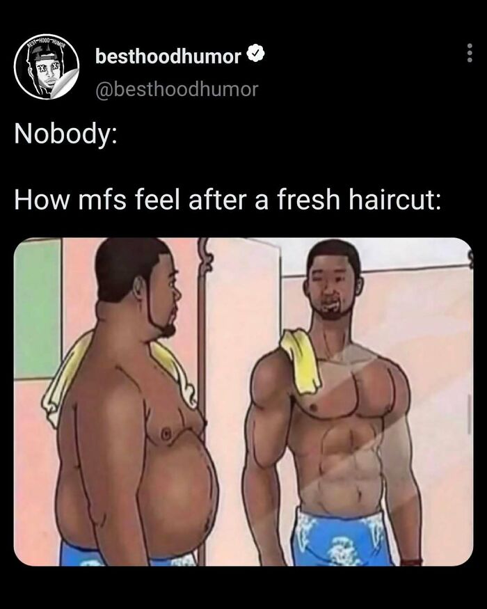 Cartoon meme showing a man feeling confident and transformed after a fresh haircut representing funny meme humor.