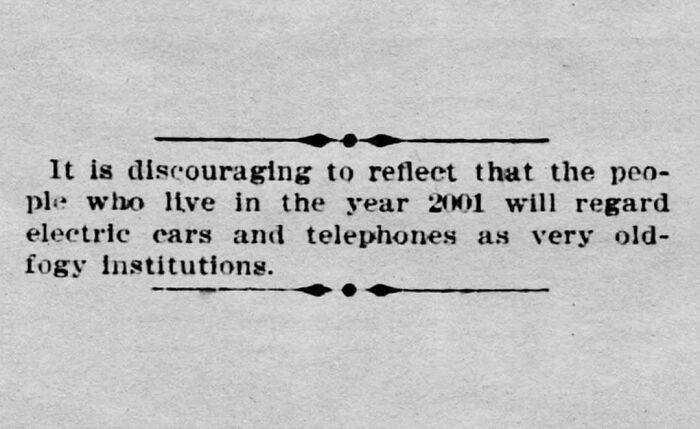 Vintage newspaper clipping reflecting on future views of electric cars and telephones as old-fashioned institutions.