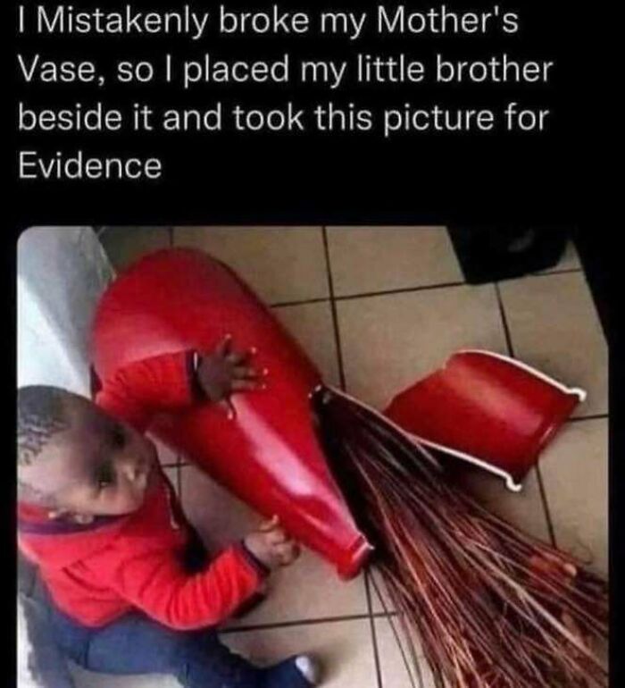 Toddler next to a broken vase as evidence in a funny meme from Know Your Meme collection to brighten your day.