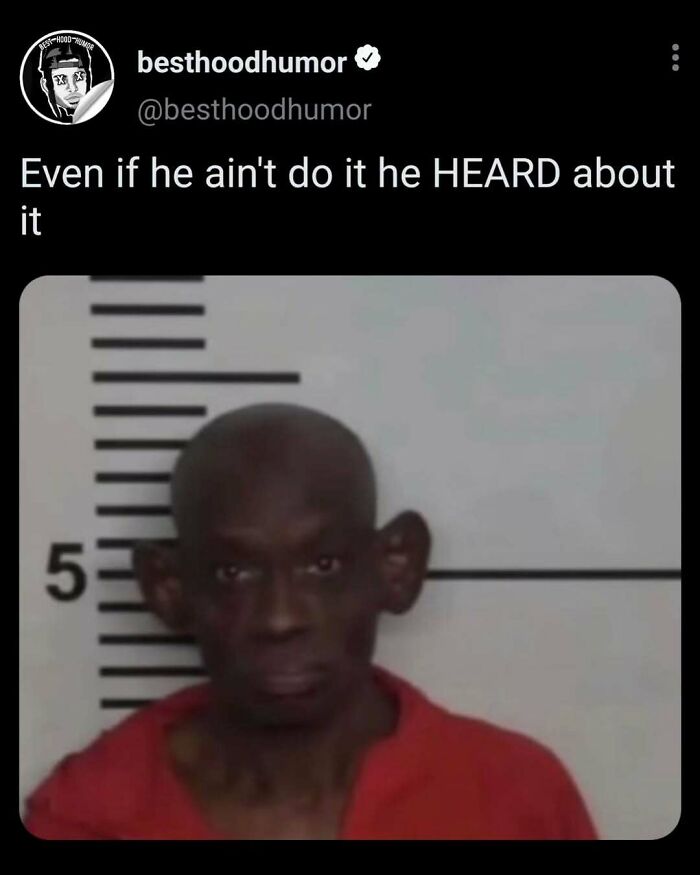 Tweet from besthoodhumor with a funny meme featuring a man in a mugshot, highlighting memes that are humorously relatable.