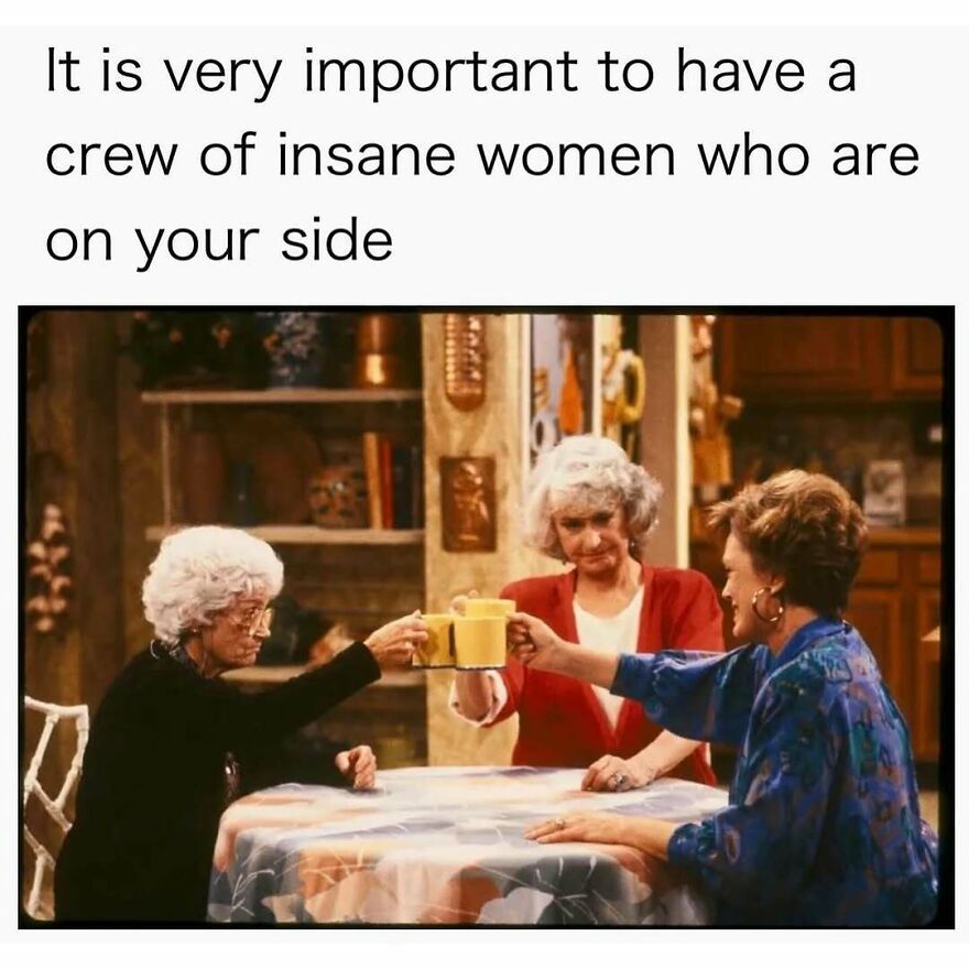 Three older women clinking mugs at a table, highlighting the importance of support in therapy memes.