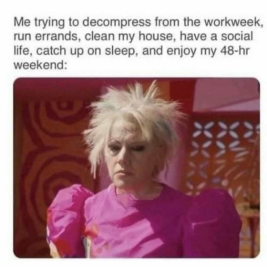 Person with messy hair and tired expression wearing a pink dress, illustrating stress in funny therapist memes.