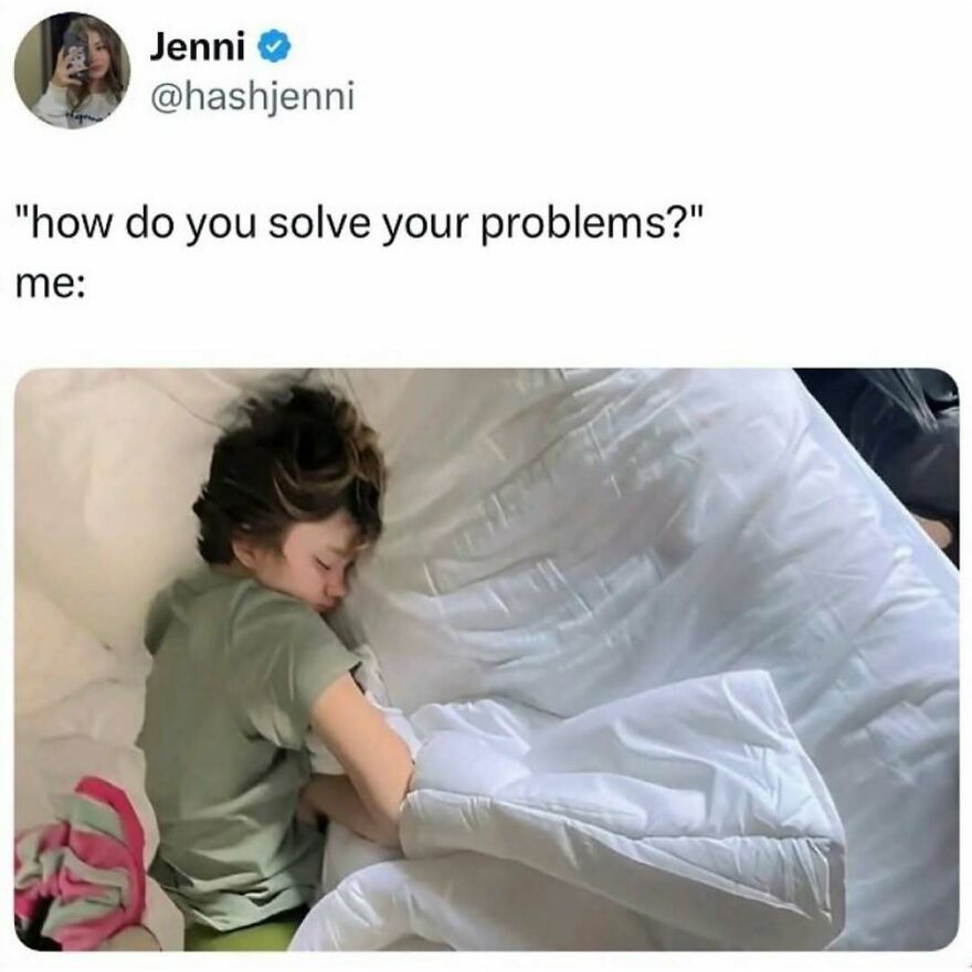 Person sleeping curled up in bed under white blanket, illustrating coping with problems in a therapist meme.