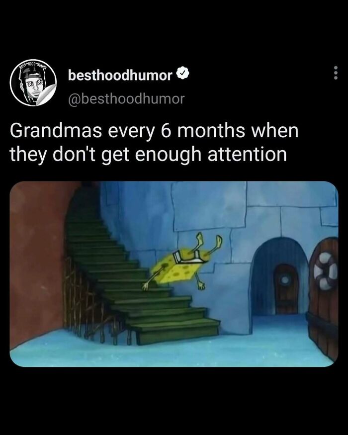 Screenshot of a funny meme featuring SpongeBob falling down stairs illustrating humor in memes.