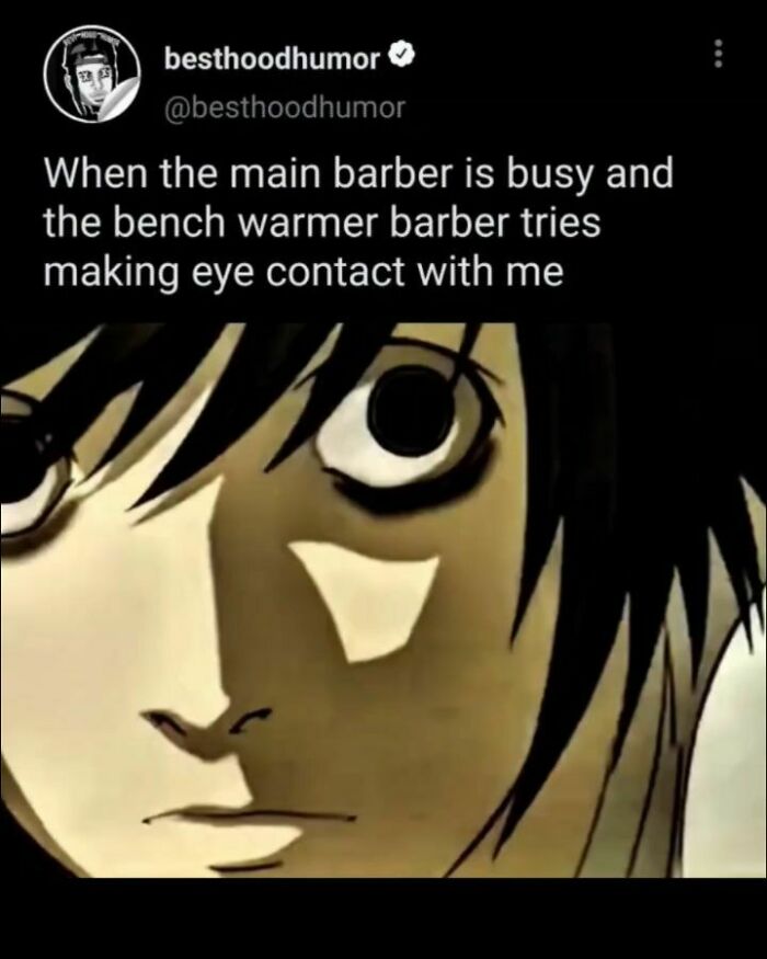 Close-up of animated character’s surprised face paired with a humorous meme about barbers, featured in funny memes collection.