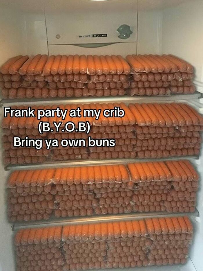 Fridge fully stocked with hundreds of hot dogs and sausages, showcasing a wild dude fridge party setup.