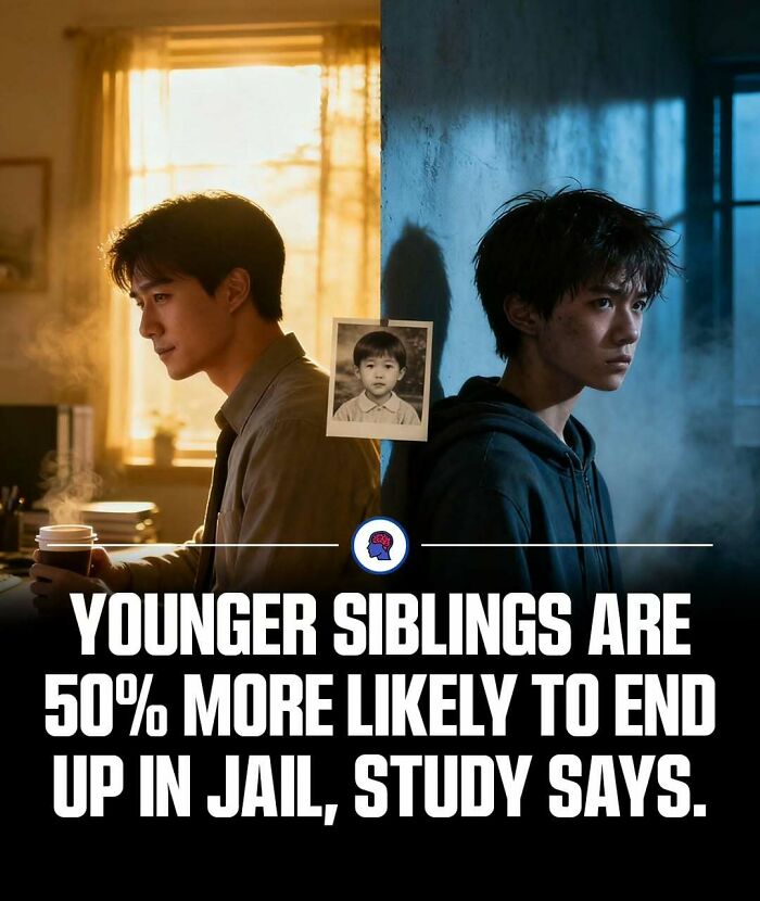Two brothers back to back with contrasting lighting, illustrating a psychology fact about younger siblings and jail risk.