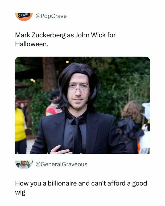 Mark Zuckerberg dressed as John Wick for Halloween, featured in a random meme to spice up life with humor.