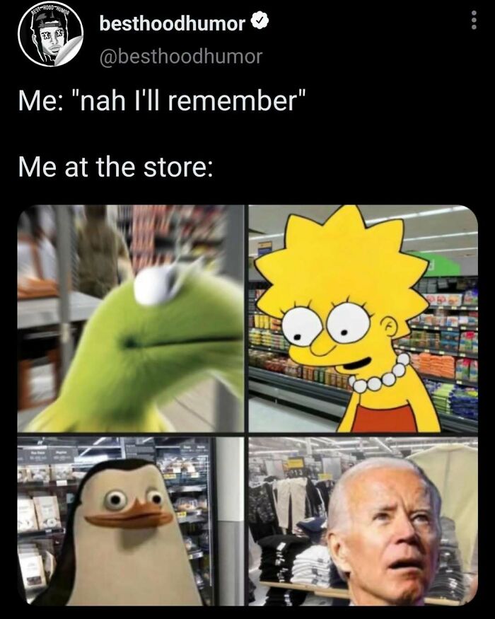 Meme collage with Kermit, Lisa Simpson, a penguin, and Joe Biden, illustrating forgetfulness at the store in a funny context.