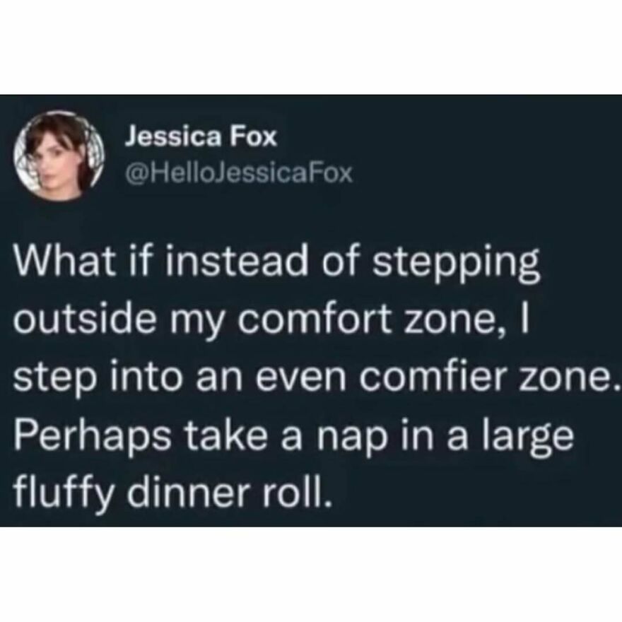 Tweet about choosing a comfier zone over comfort zone, a humorous meme related to therapy and mental wellness.
