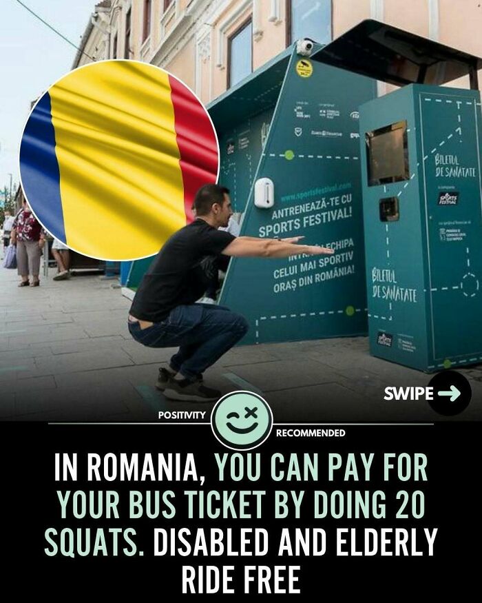 Man doing squats in front of a fitness machine in Romania promoting positivity and wholesome facts about healthy habits.