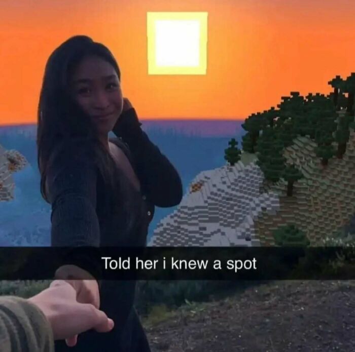 Couple holding hands with pixelated Minecraft landscape and sunset, showcasing popular Know Your Meme humor style.