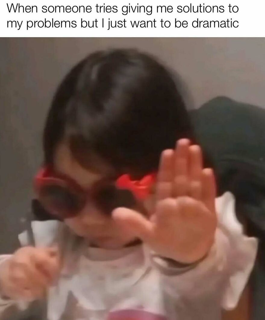 Child wearing red sunglasses with hand raised, humorously illustrating a dramatic response to solutions in therapy memes.
