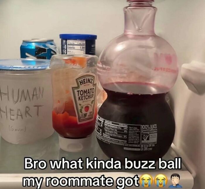 Refrigerator shelf with a ketchup bottle, a funny labeled container, and a buzz ball drink, showcasing wild dude fridges.