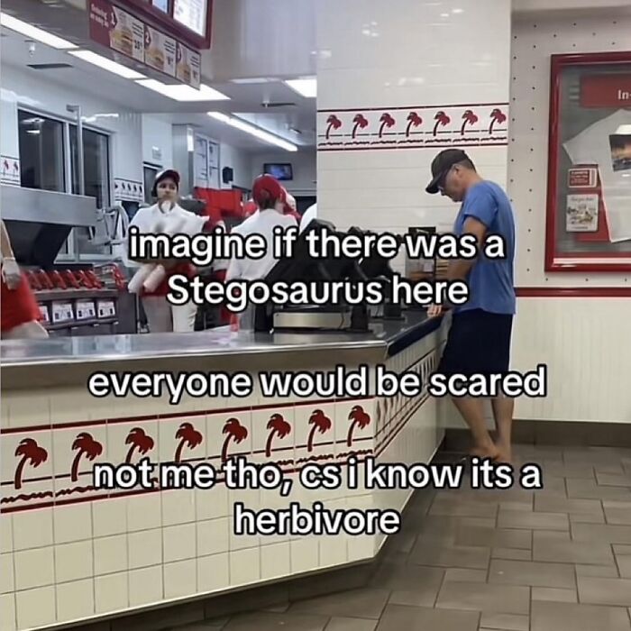 Man in casual clothes standing at a fast food counter with a humorous meme about a Stegosaurus and herbivores.