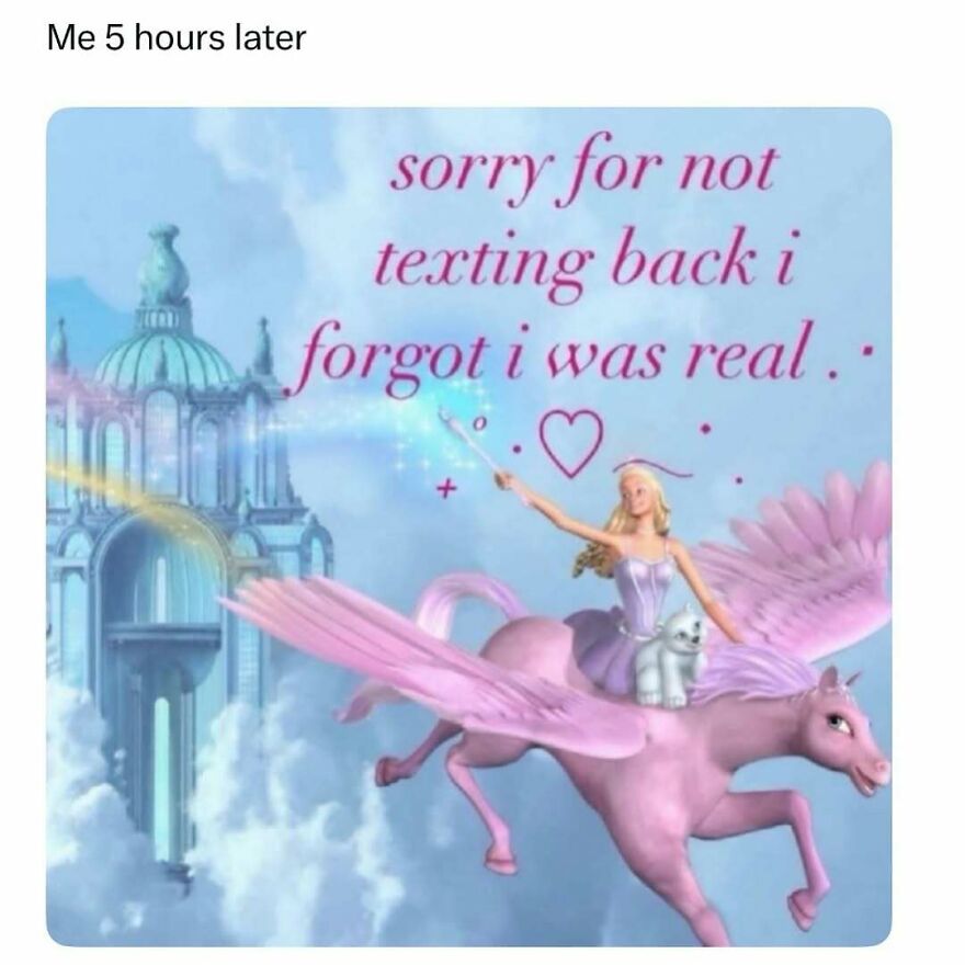 Fantasy scene with a woman riding a pink flying horse, text about apologizing for not texting back, therapy meme concept.