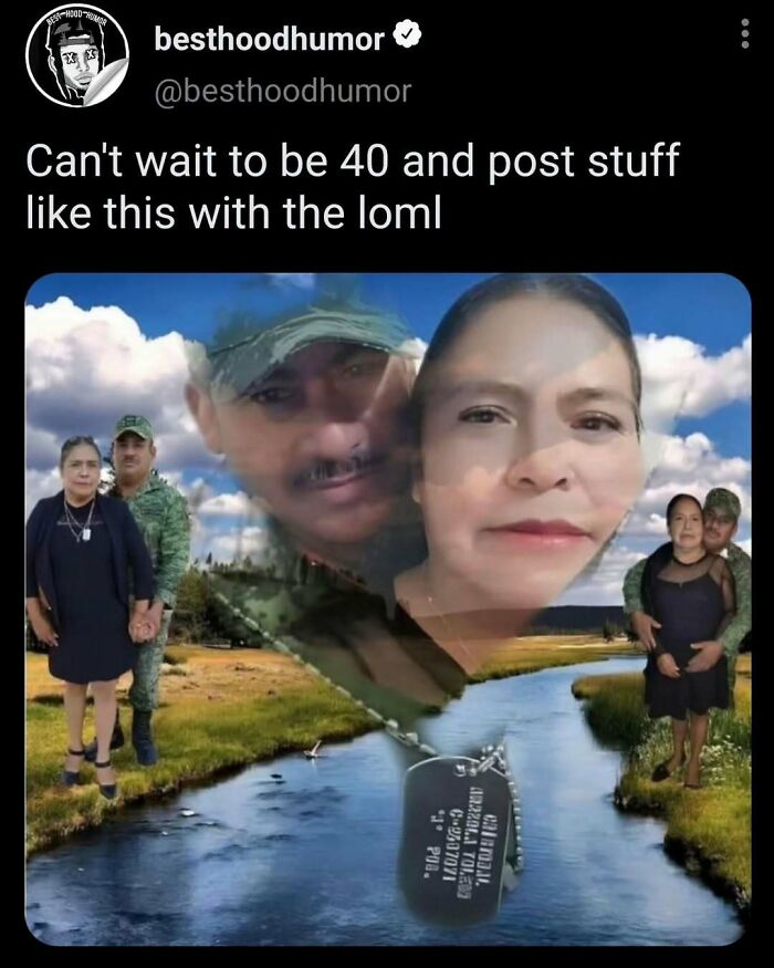 Couple in military uniform and black dress photoshopped over a river and sky, a funny meme example from viral content.