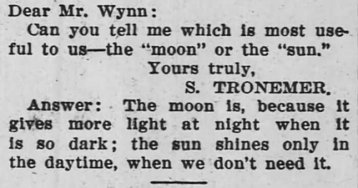 Vintage newspaper clipping showing a humorous Q&A about the usefulness of the moon versus the sun at night.