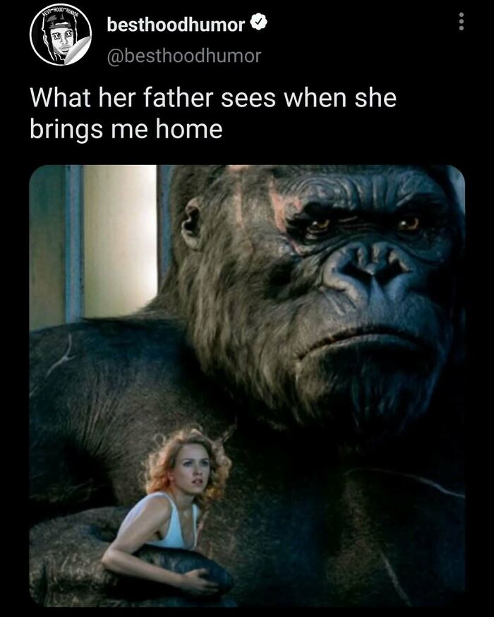 Screenshot of a humorous meme showing a woman with a giant gorilla, highlighting funny memes reaction.
