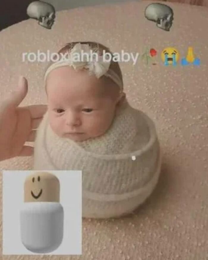 Baby wrapped in a blanket next to Roblox character meme, featured in know your meme hilarious collection.