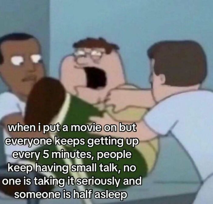 Animated characters from Family Guy in a chaotic scene with text about social distractions, featuring Know Your Meme humor.