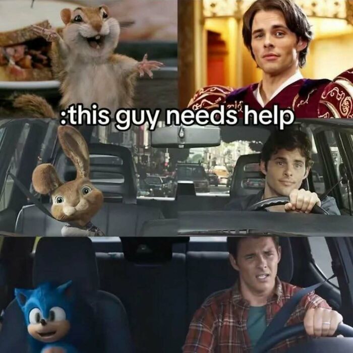 Meme collage featuring animated and live-action characters with caption this guy needs help for viral humor.