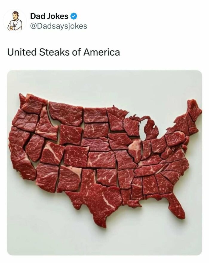 Map of the United States made from pieces of steak, illustrating a dad joke about the United Steaks of America.