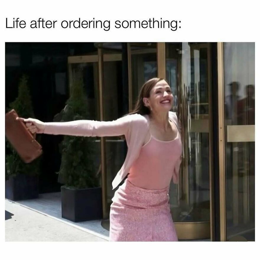 Woman smiling joyfully outside a building, representing life after ordering something, related to therapist memes.