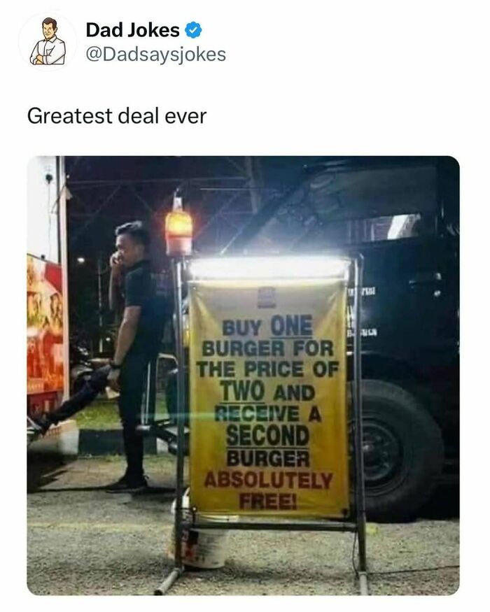 Instagram post from Dad Jokes account showing a funny sign with a dad joke about a burger deal.