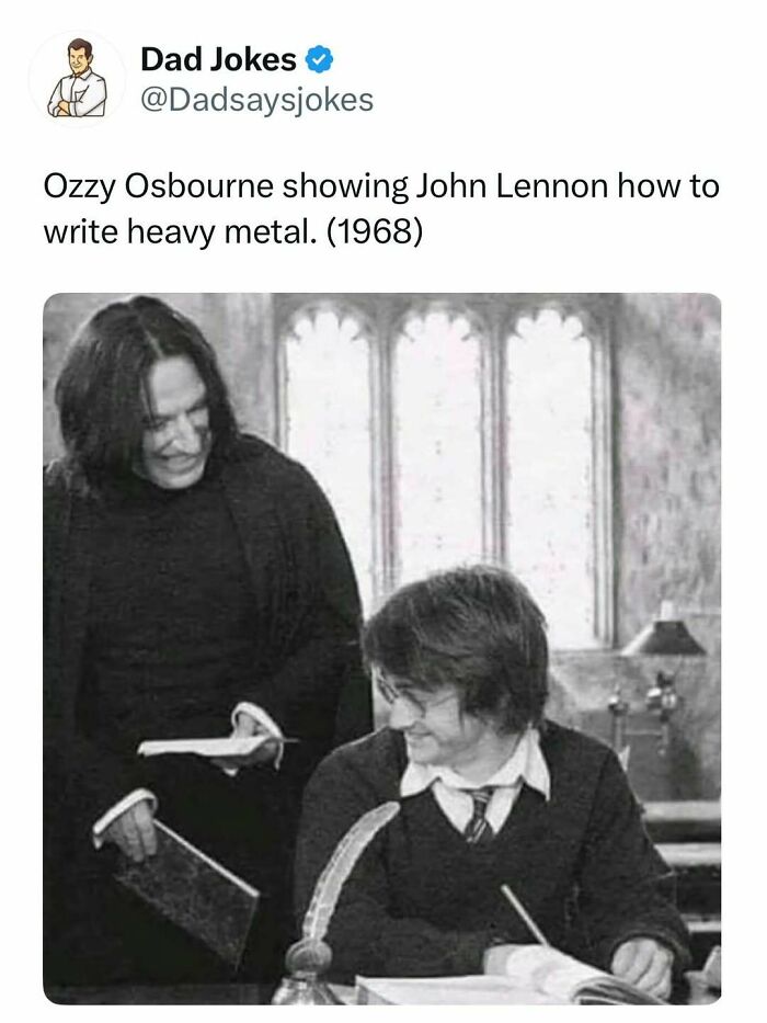 Black and white humorous dad joke tweet with a vintage photo referencing Ozzy Osbourne and John Lennon from a dad jokes account.