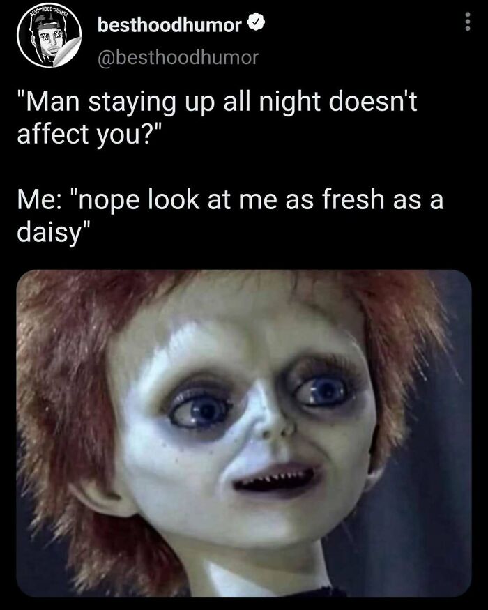 Screenshot of a humorous meme featuring a tired doll face with text about staying up all night from besthoodhumor.