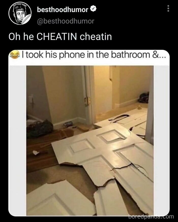 Screenshot of a social media meme showing a broken door on the floor with funny caption about cheating humor.