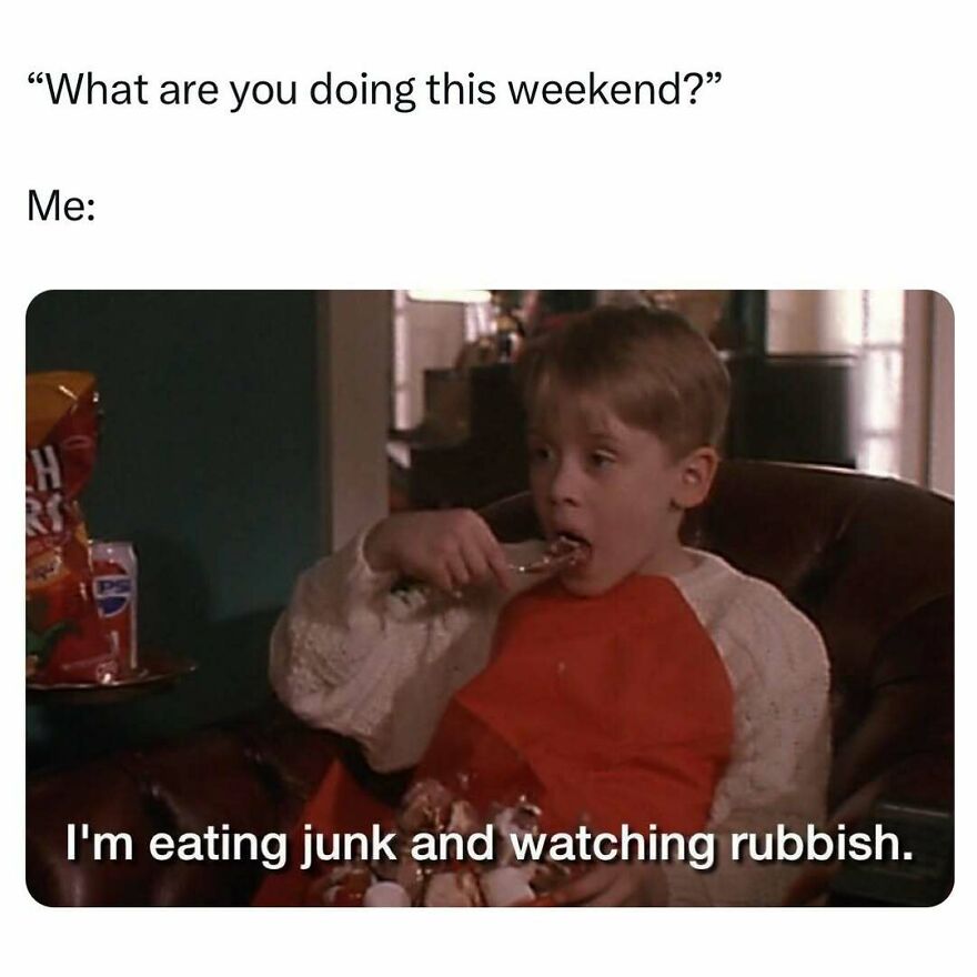 Child eating junk food on couch with caption about eating junk and watching rubbish, a popular therapist says meme.