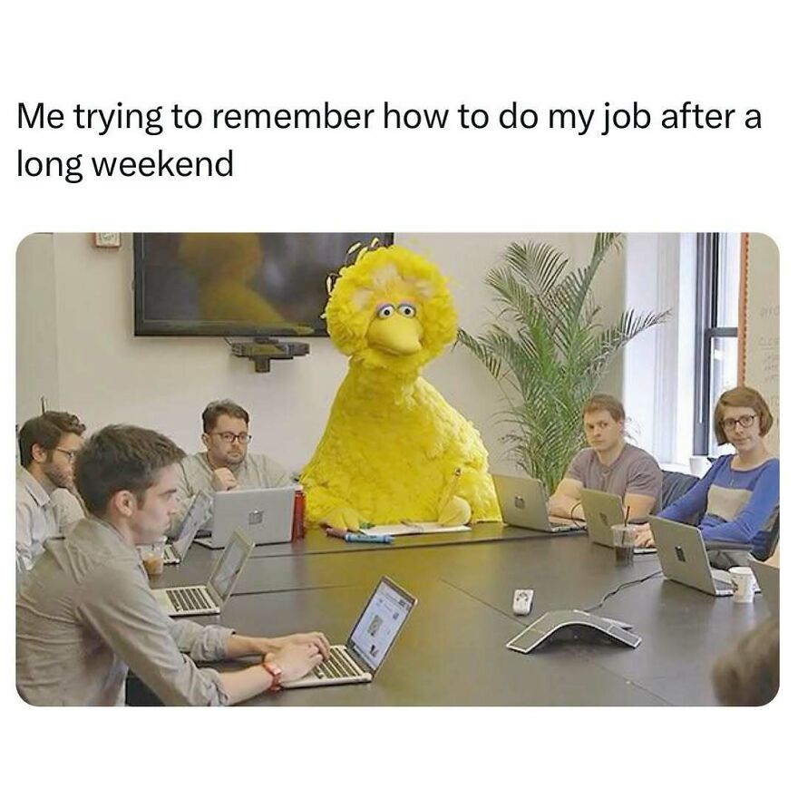 Person in a Big Bird costume sitting at a conference table looking confused, illustrating therapist memes about work struggles.