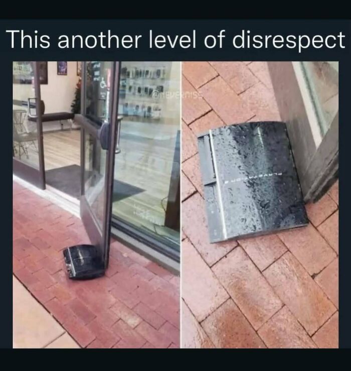 Gaming console wedged under a door, highlighting memes to help handle reality with humor through relatable frustration.