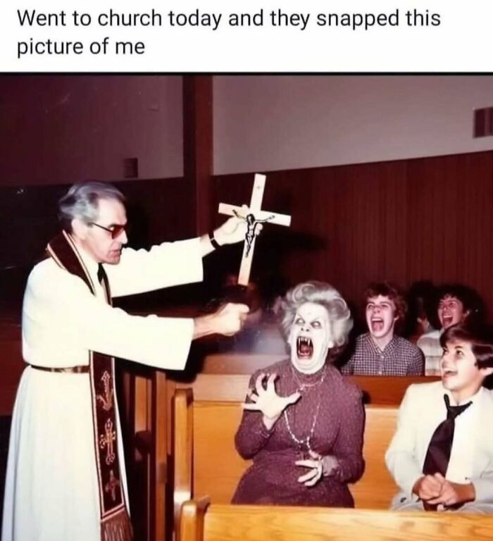 Church scene meme showing a terrified woman reacting humorously to a priest holding a cross, capturing reality with humor.