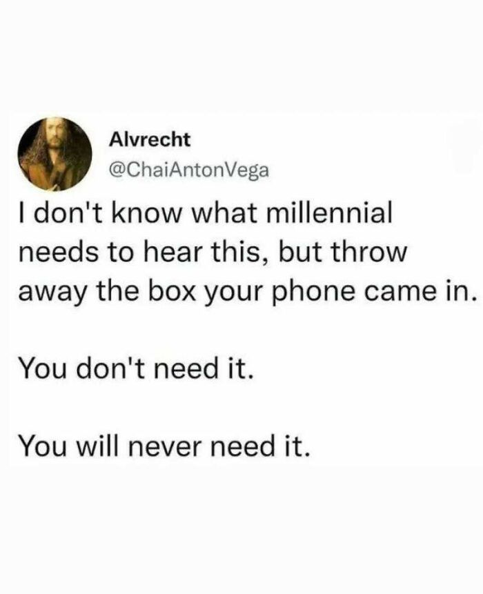 Funny Know Your Meme tweet advising millennials to throw away their phone boxes since they are unnecessary.