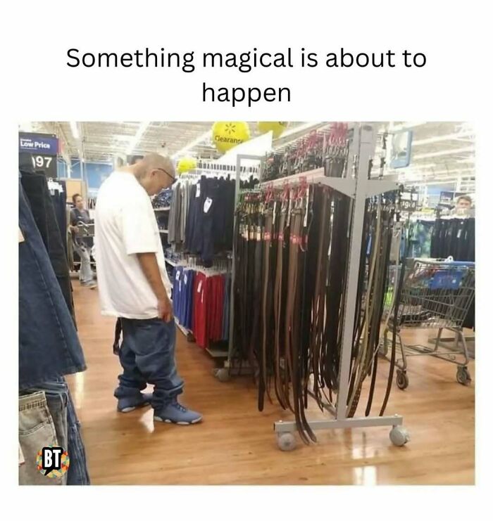 Man in a store with oversized pants around his ankles, funny meme to help handle reality with humor.