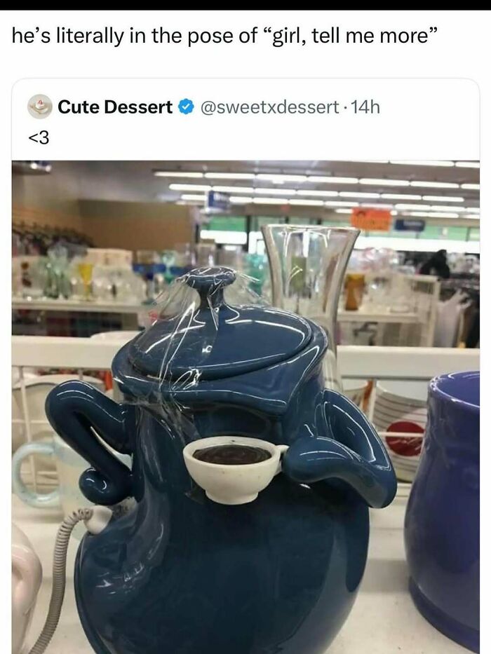 Blue ceramic teapot with arms holding a tiny cup, humorously posing in a funny meme about handling reality with humor.