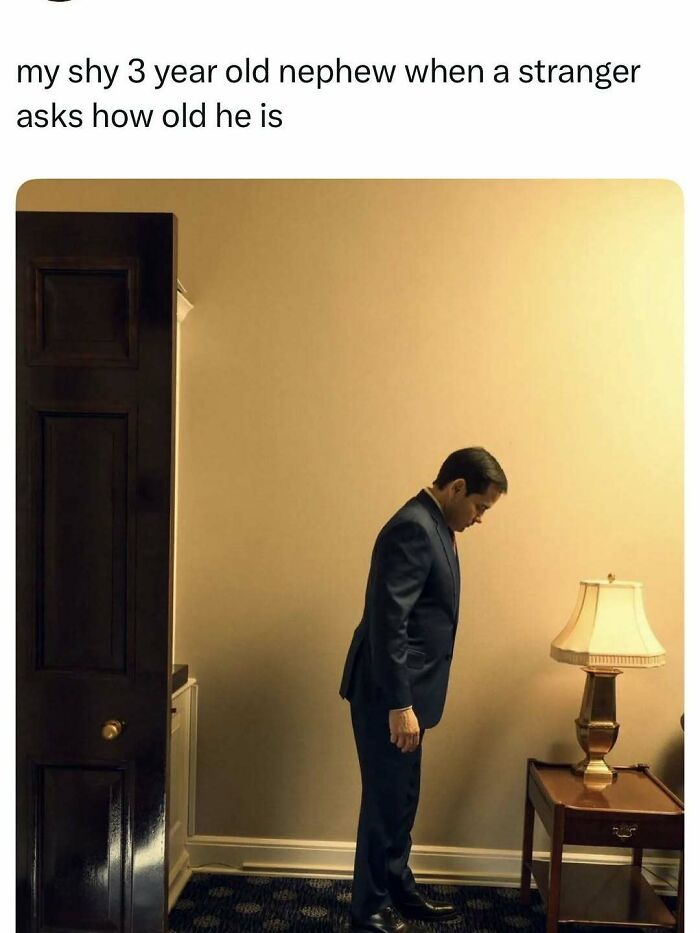 Man in a suit looking down shyly, representing a 3-year-old nephew in a random meme to spice up life.