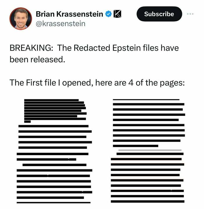 Tweet showing a blacked-out Epstein files joke, included in 40 random memes to spice up life with humor.