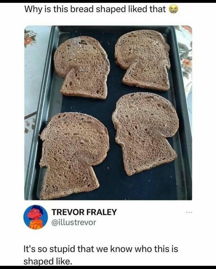 Funny meme showing uniquely shaped bread slices with a humorous caption about recognizing the shape, for memes to handle reality.